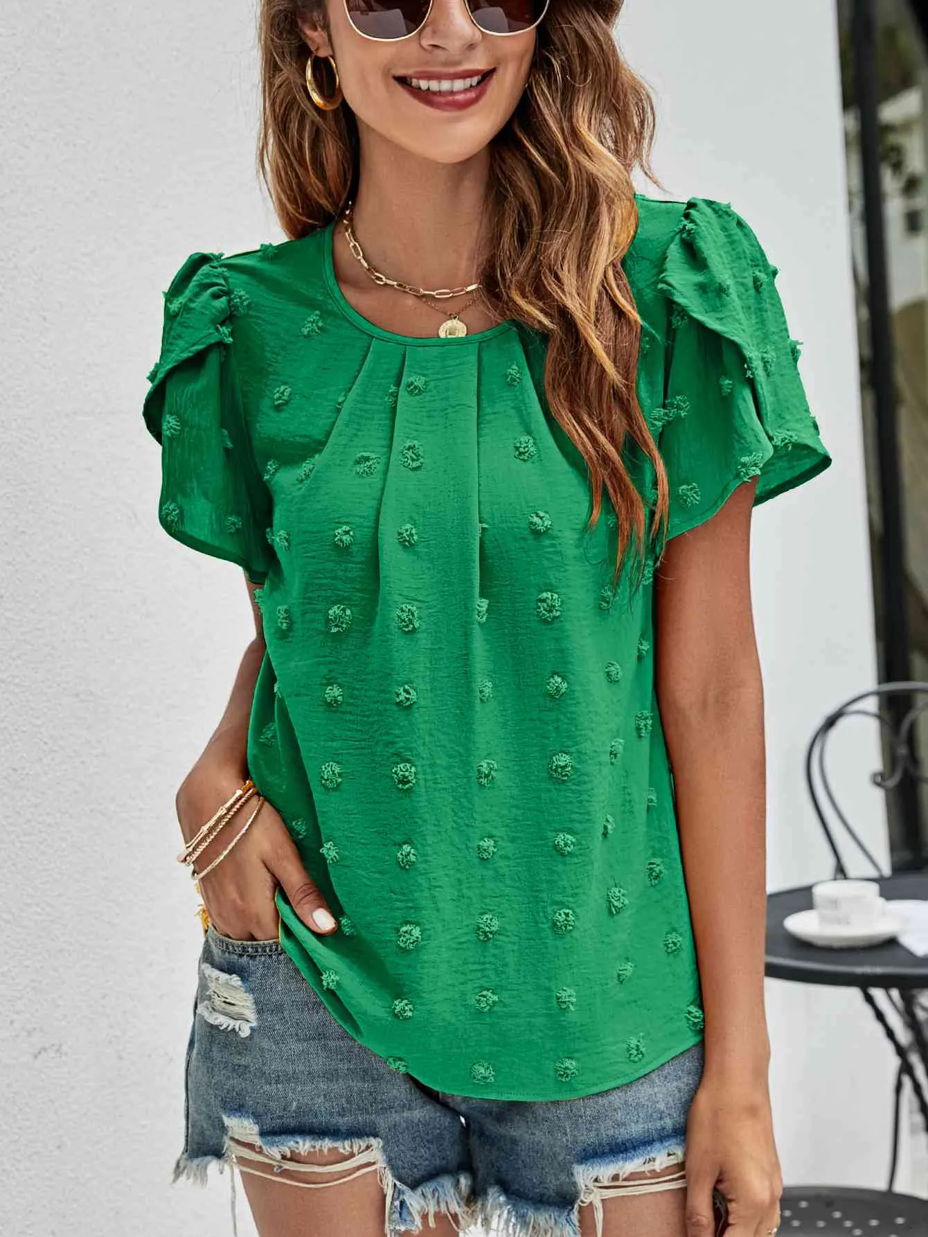 Swiss Dot Round Neck Petal Sleeve Top (10 Colors)