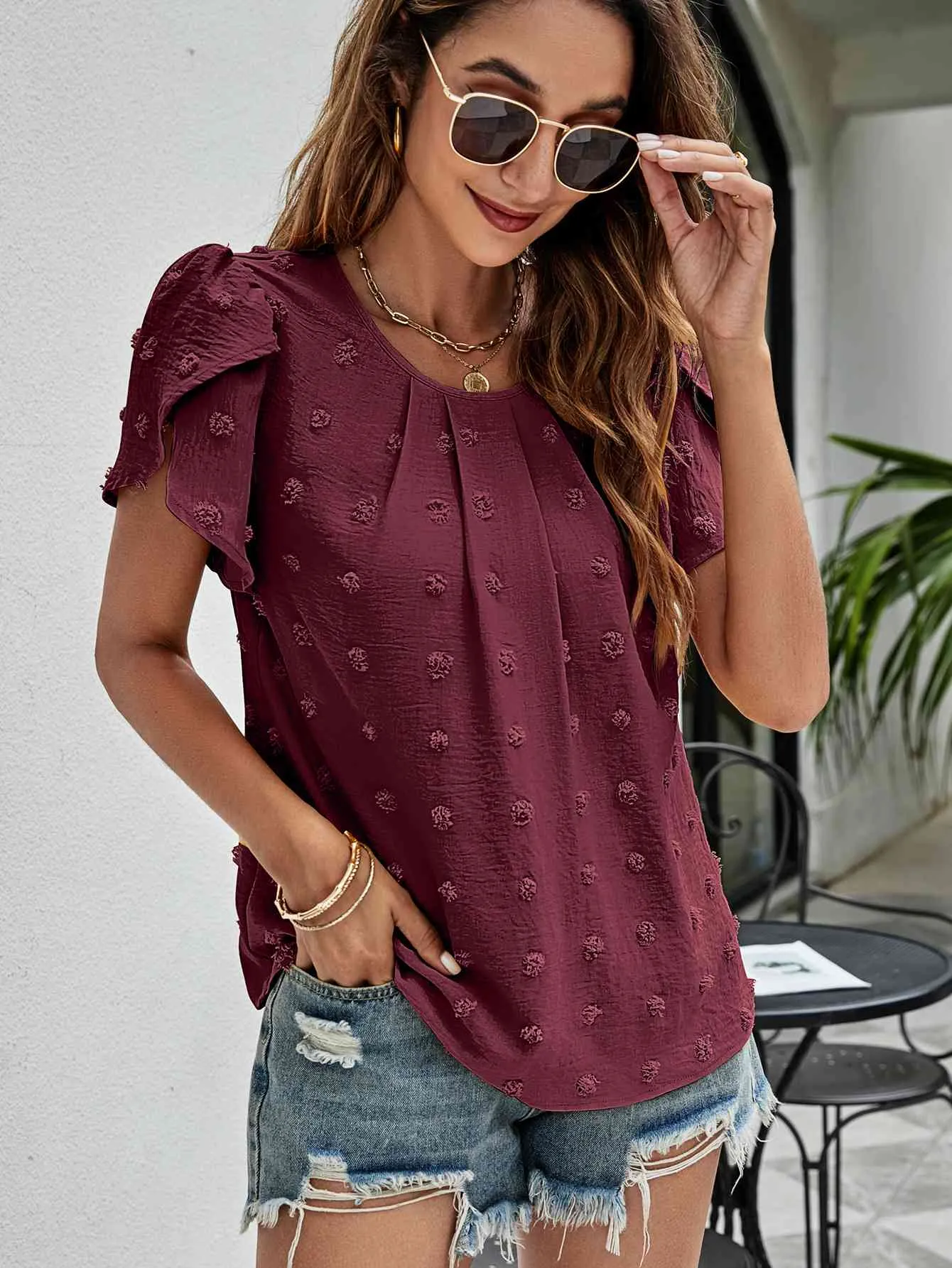 Swiss Dot Round Neck Petal Sleeve Top (10 Colors)