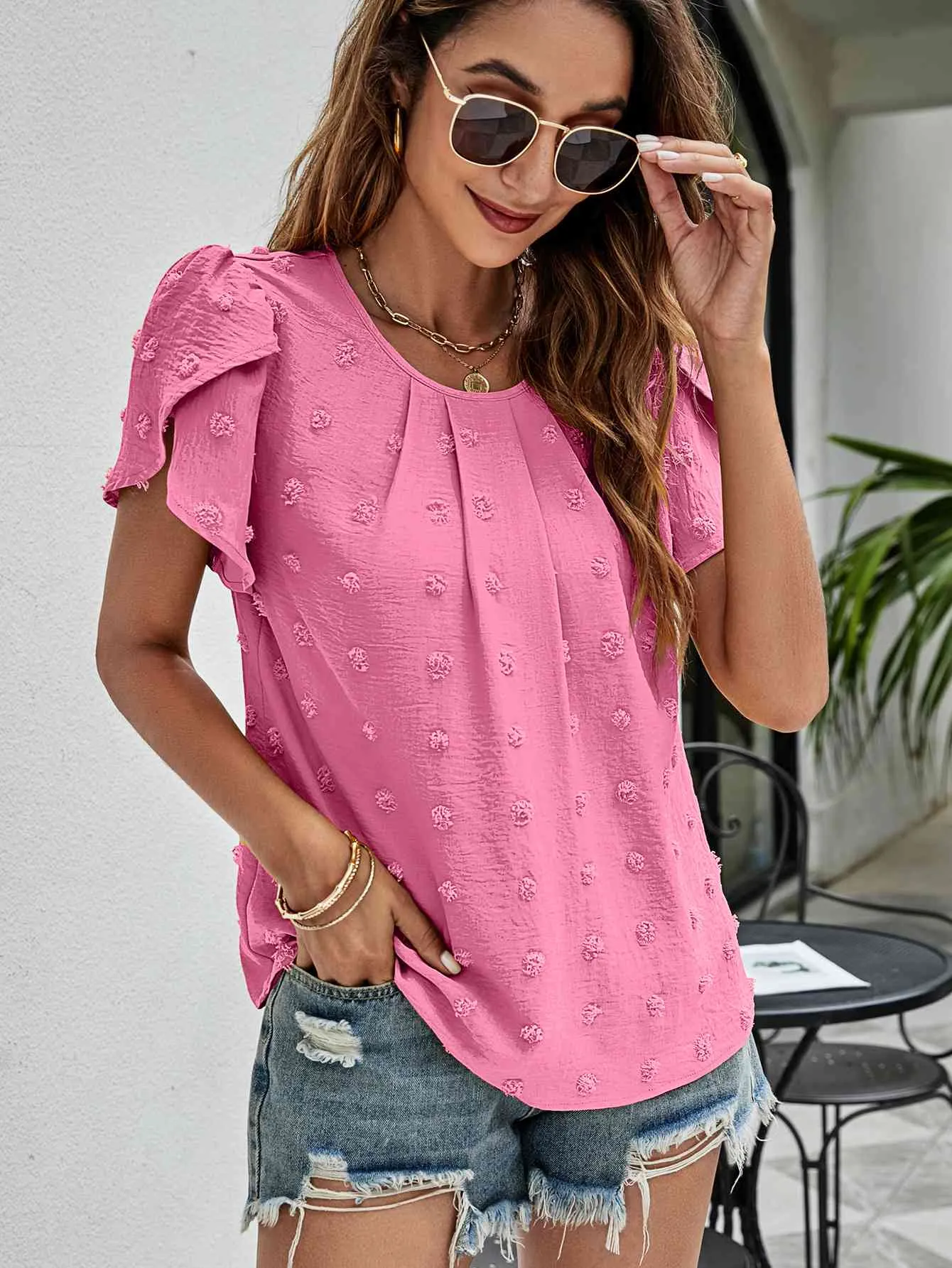Swiss Dot Round Neck Petal Sleeve Top (10 Colors)