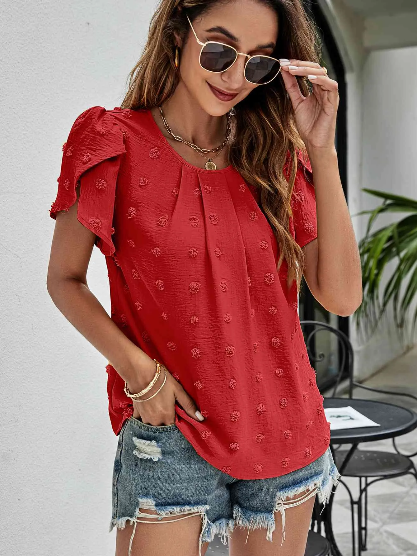 Swiss Dot Round Neck Petal Sleeve Top (10 Colors)