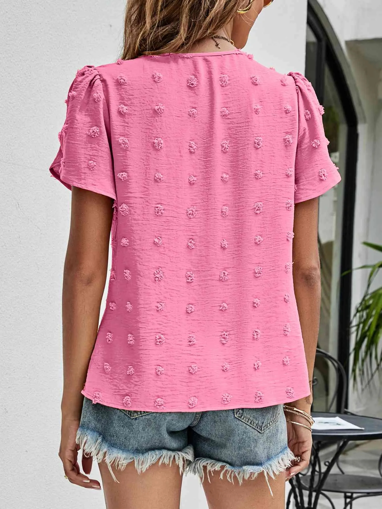 Swiss Dot Round Neck Petal Sleeve Top (10 Colors)