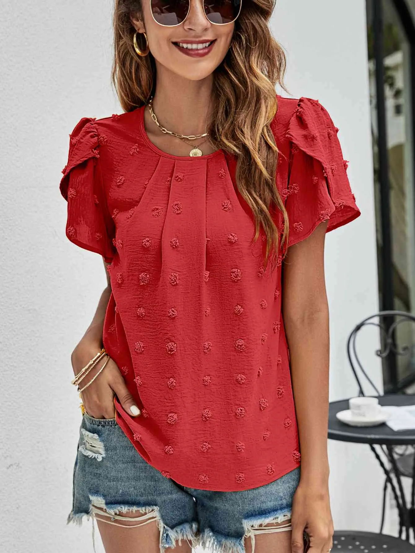 Swiss Dot Round Neck Petal Sleeve Top (10 Colors)