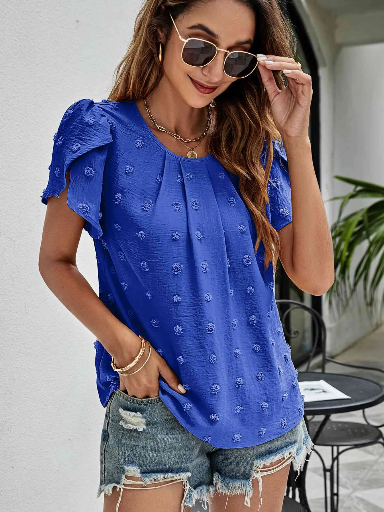 Swiss Dot Round Neck Petal Sleeve Top (10 Colors)