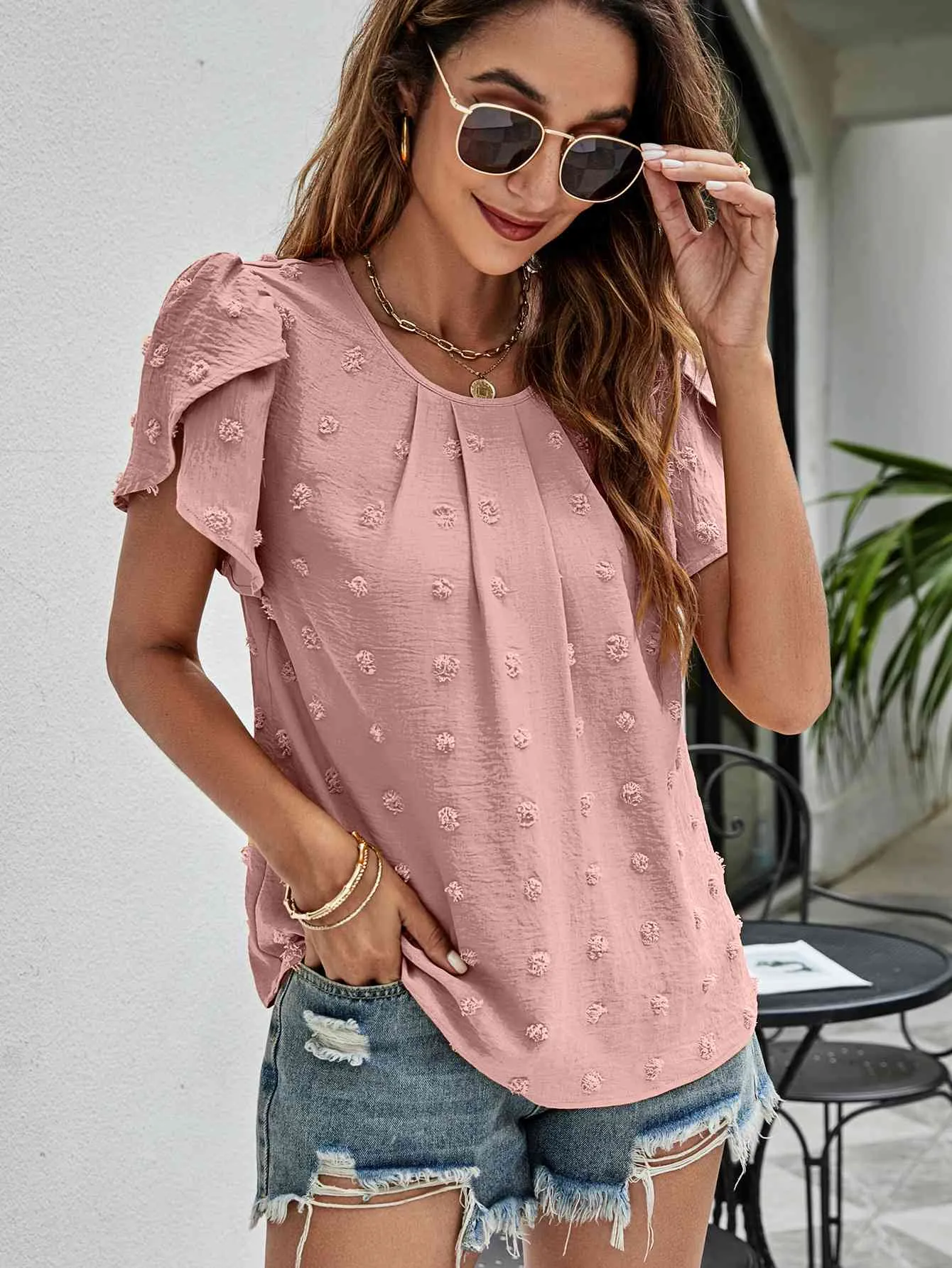 Swiss Dot Round Neck Petal Sleeve Top (10 Colors)