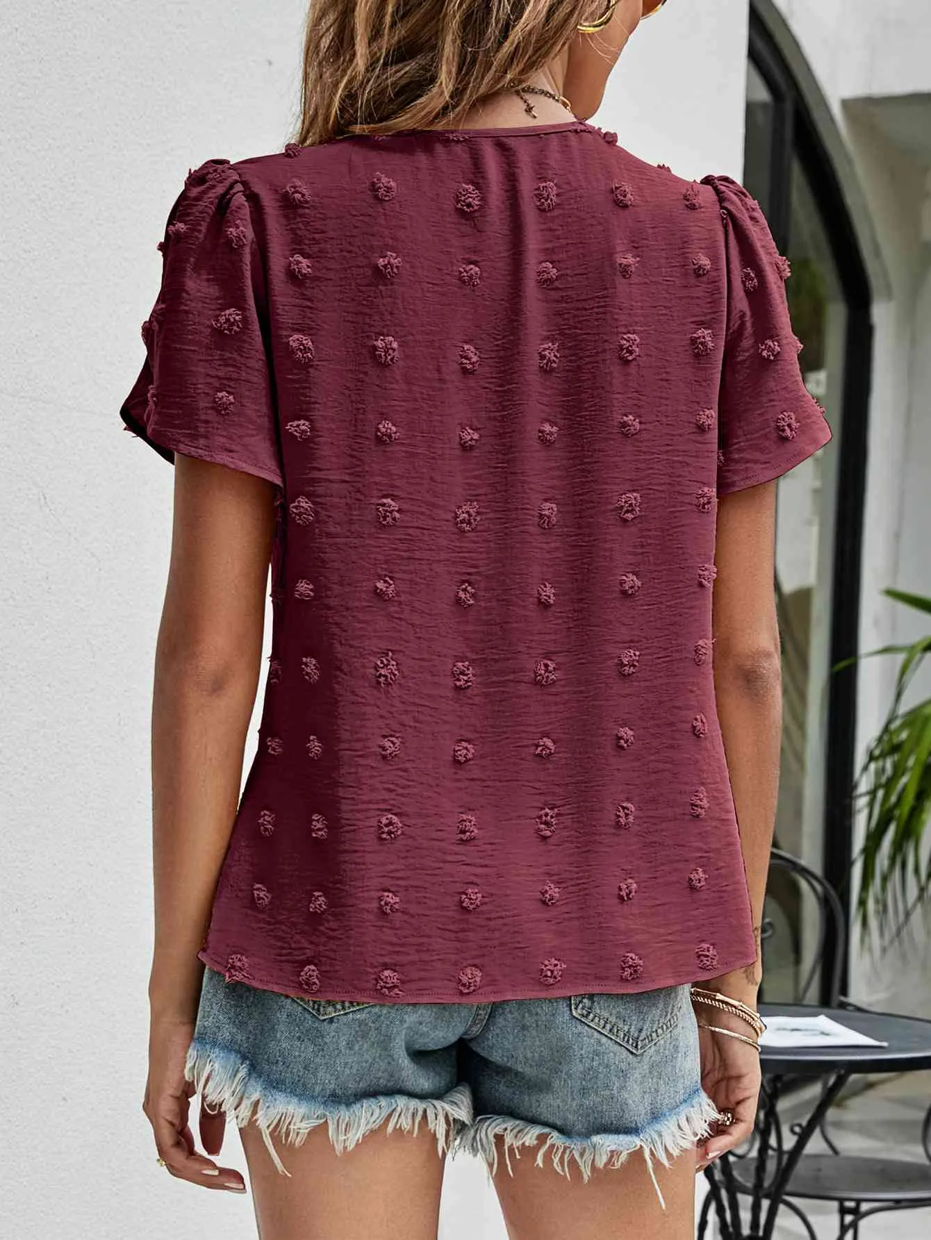 Swiss Dot Round Neck Petal Sleeve Top (10 Colors)