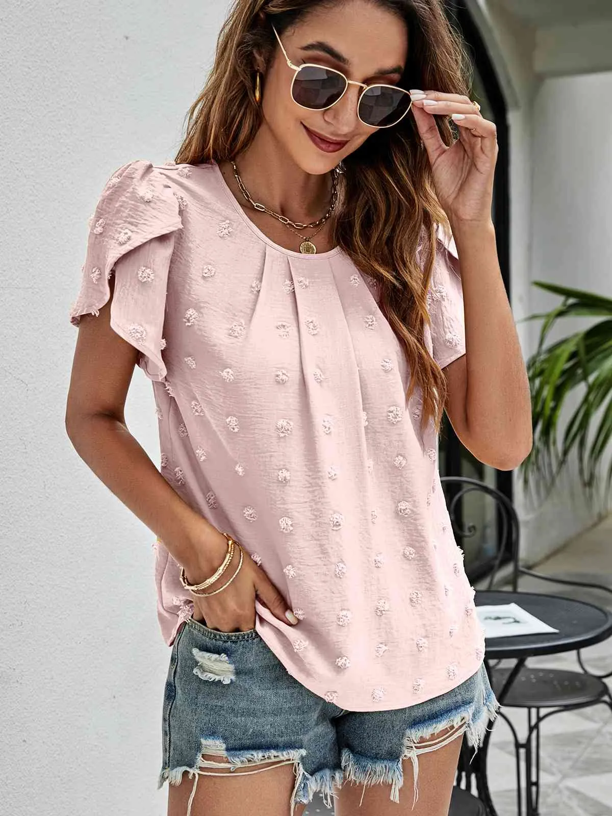 Swiss Dot Round Neck Petal Sleeve Top (10 Colors)