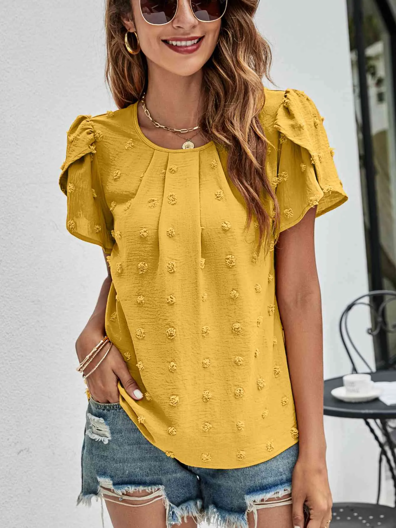 Swiss Dot Round Neck Petal Sleeve Top (10 Colors)