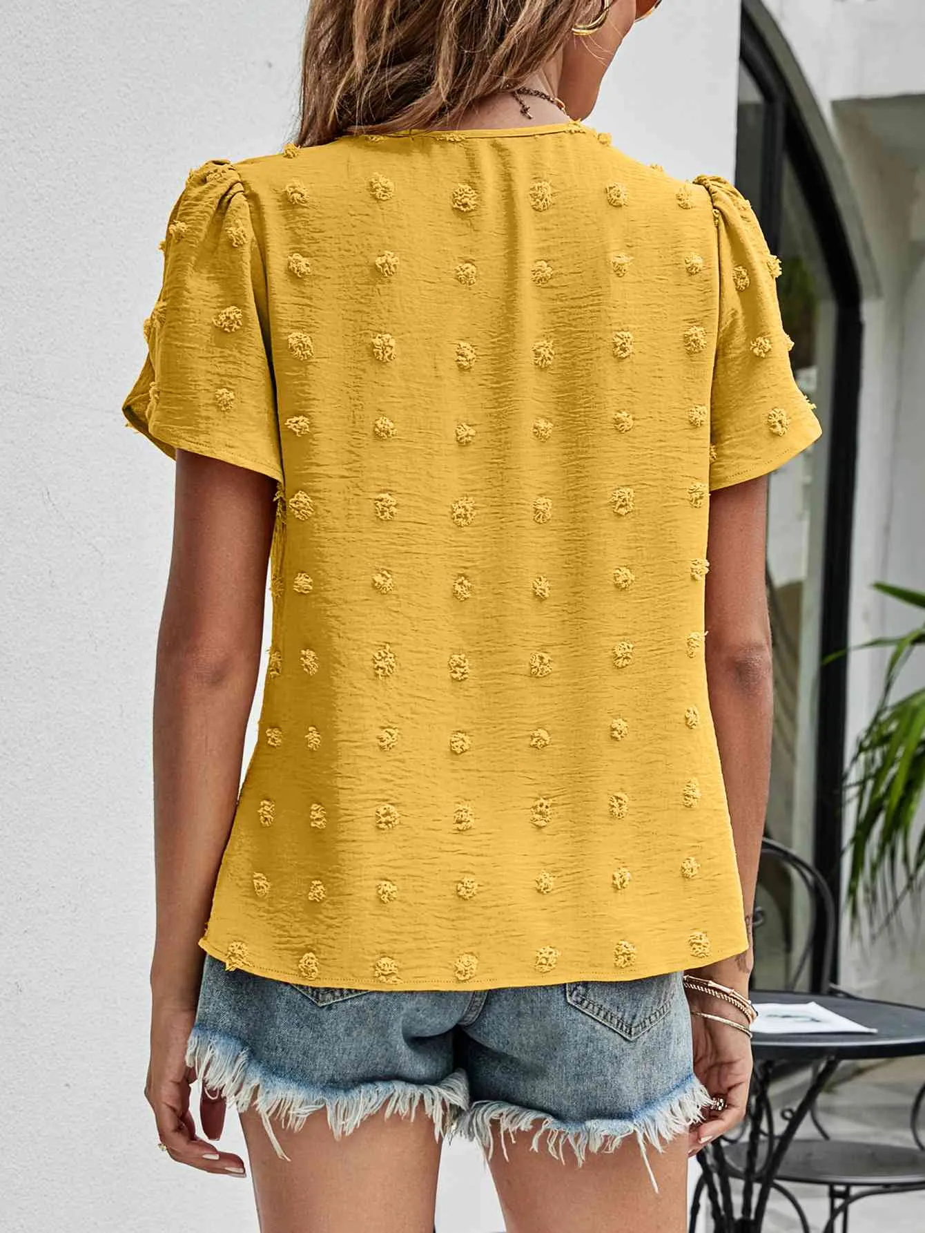 Swiss Dot Round Neck Petal Sleeve Top (10 Colors)