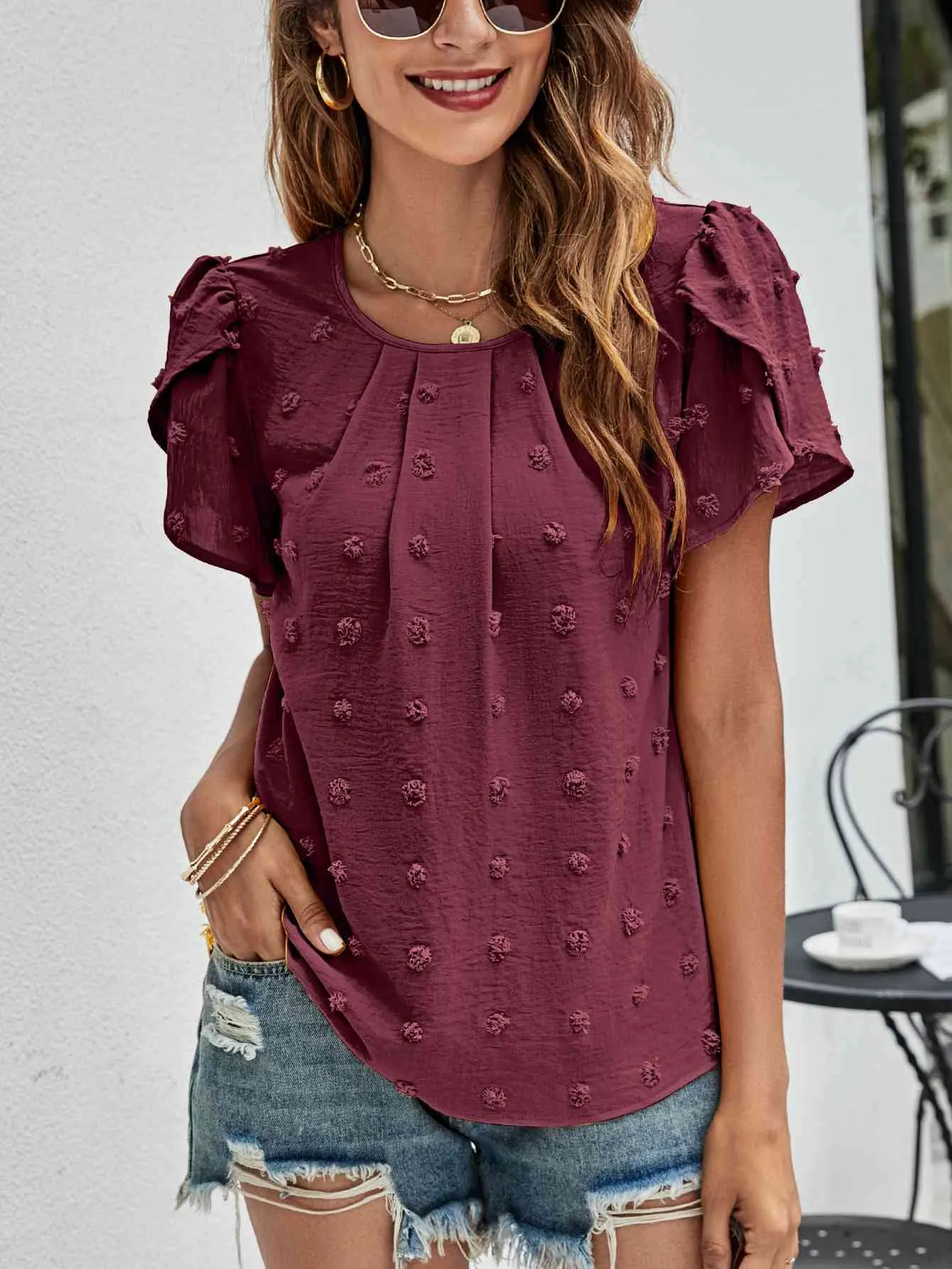Swiss Dot Round Neck Petal Sleeve Top (10 Colors)