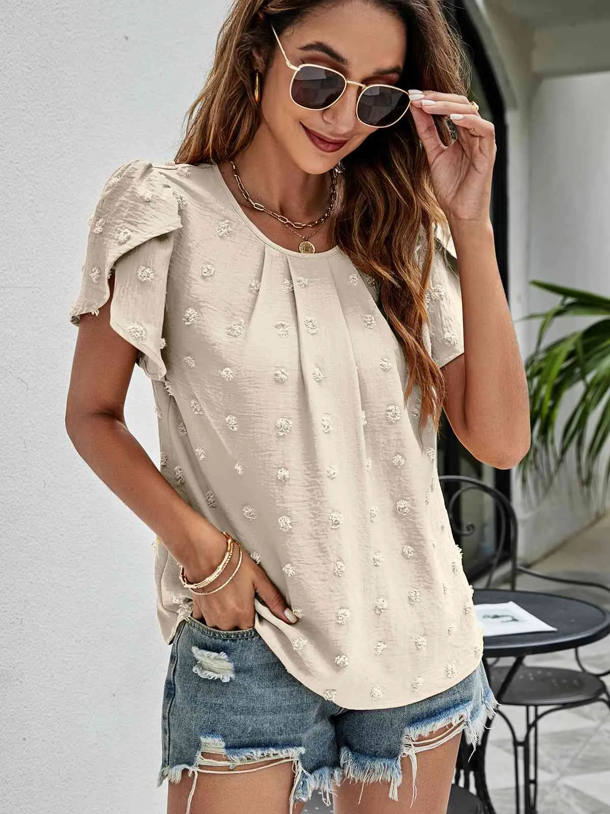 Swiss Dot Round Neck Petal Sleeve Top (10 Colors)