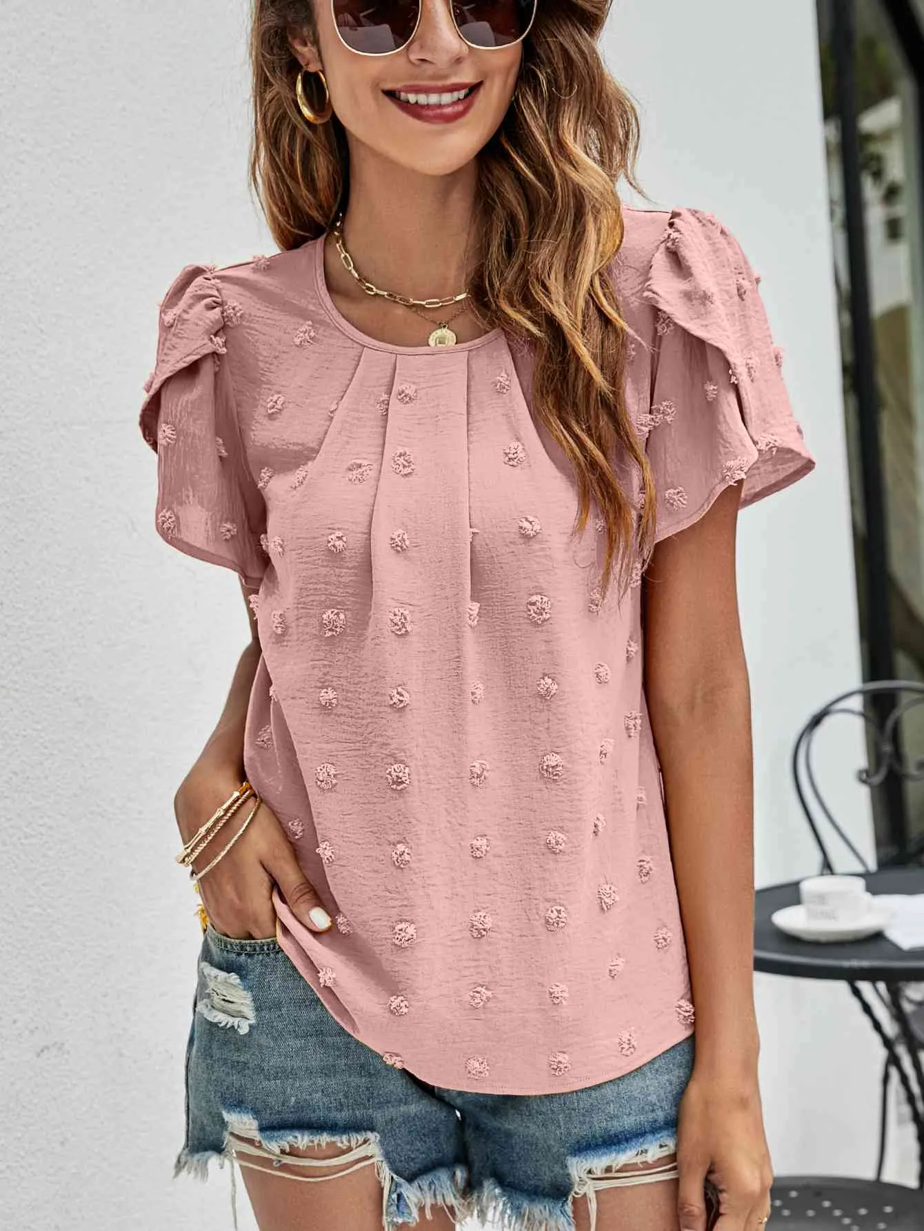 Swiss Dot Round Neck Petal Sleeve Top (10 Colors)