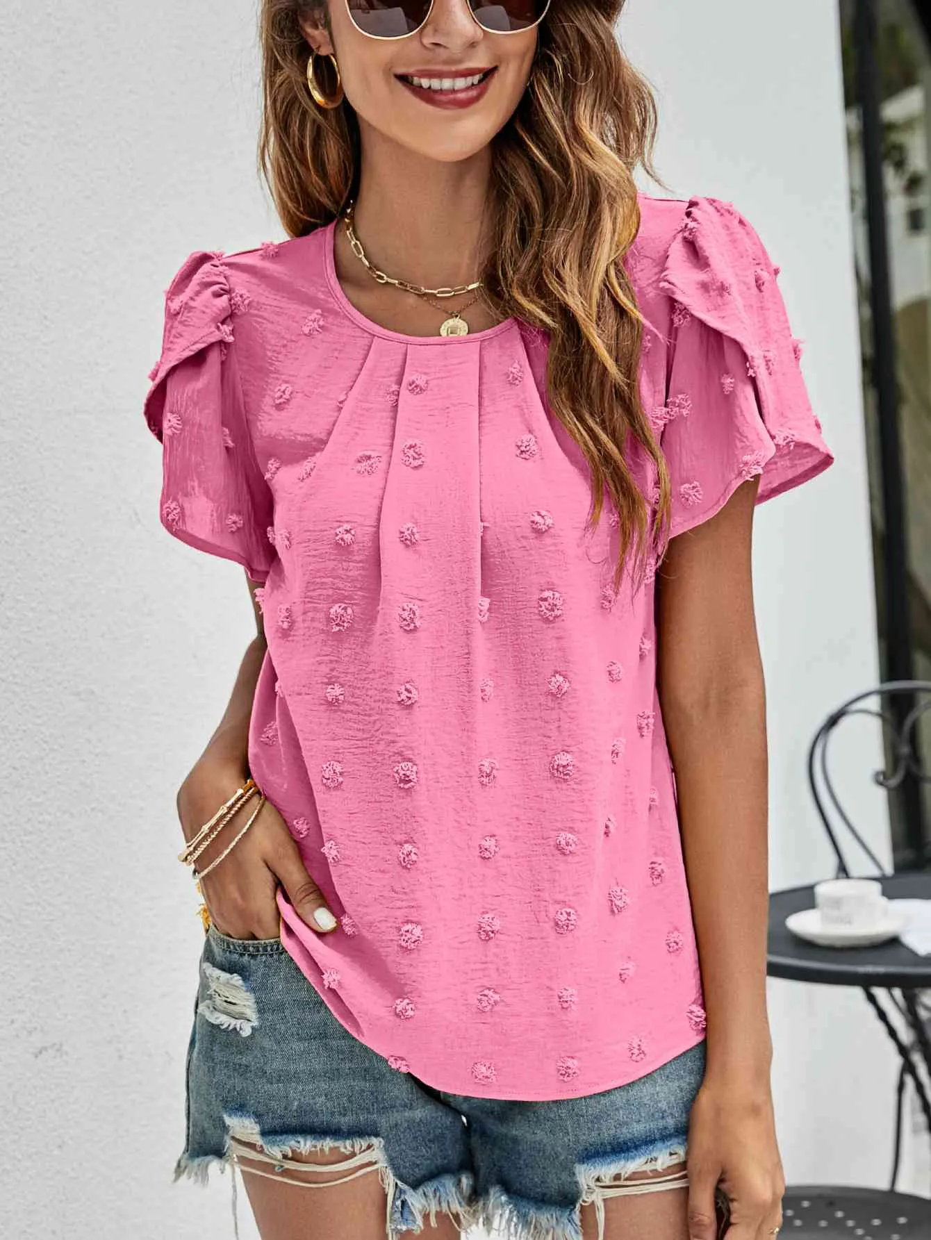 Swiss Dot Round Neck Petal Sleeve Top (10 Colors)