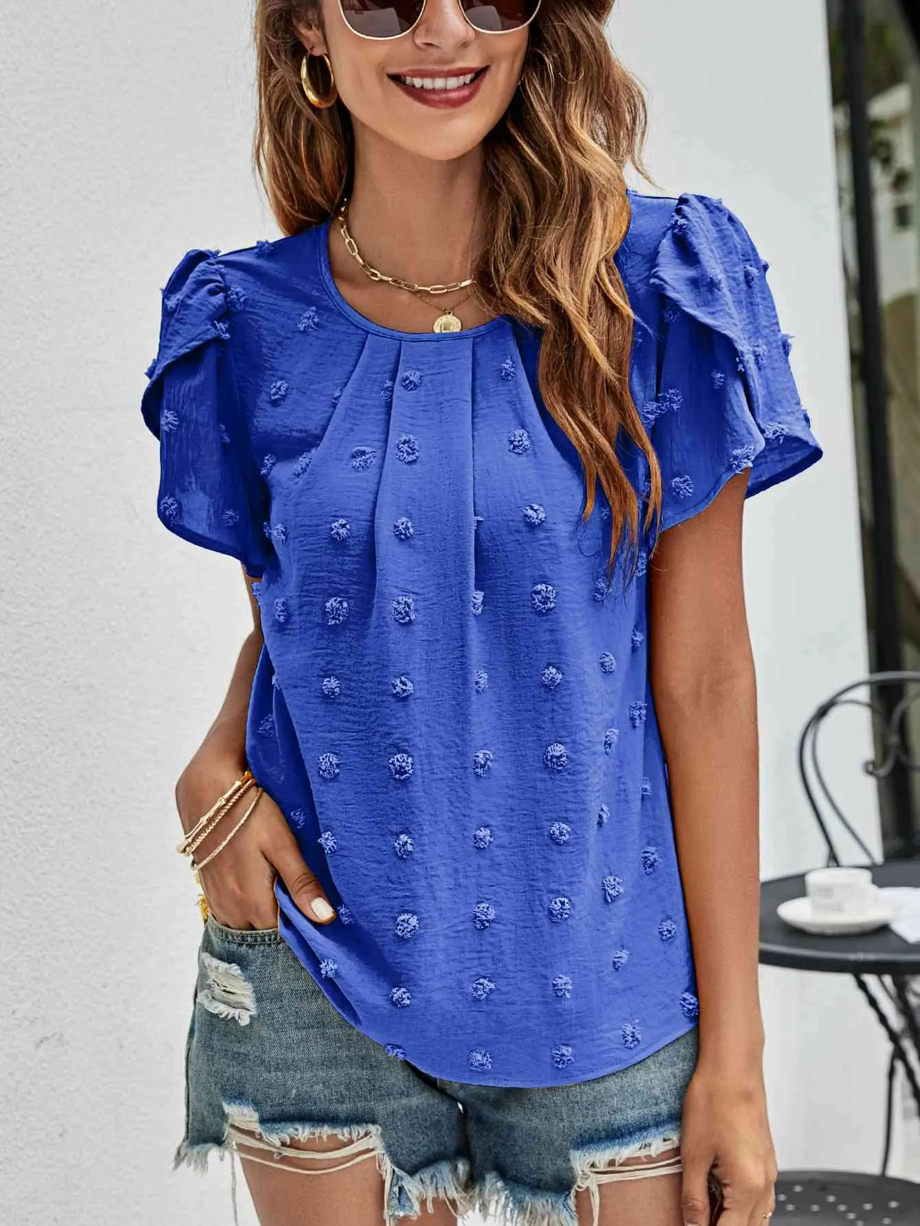 Swiss Dot Round Neck Petal Sleeve Top (10 Colors)