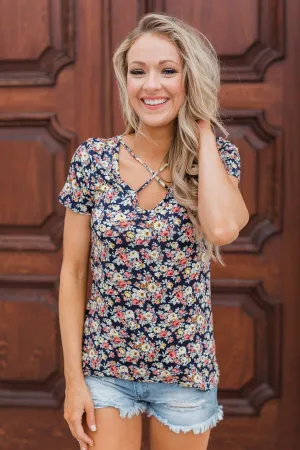 Take Me Away Floral Criss-Cross Top- Navy