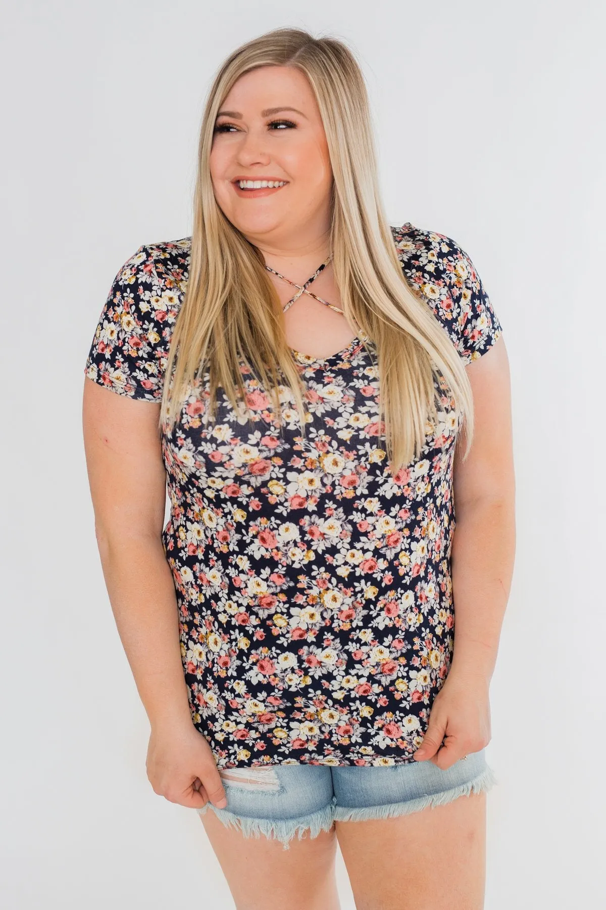 Take Me Away Floral Criss-Cross Top- Navy