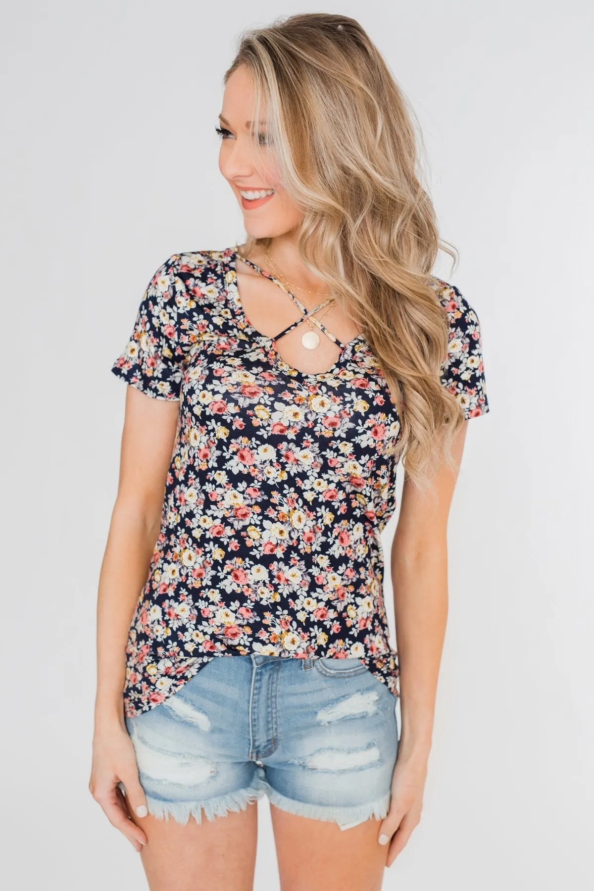 Take Me Away Floral Criss-Cross Top- Navy