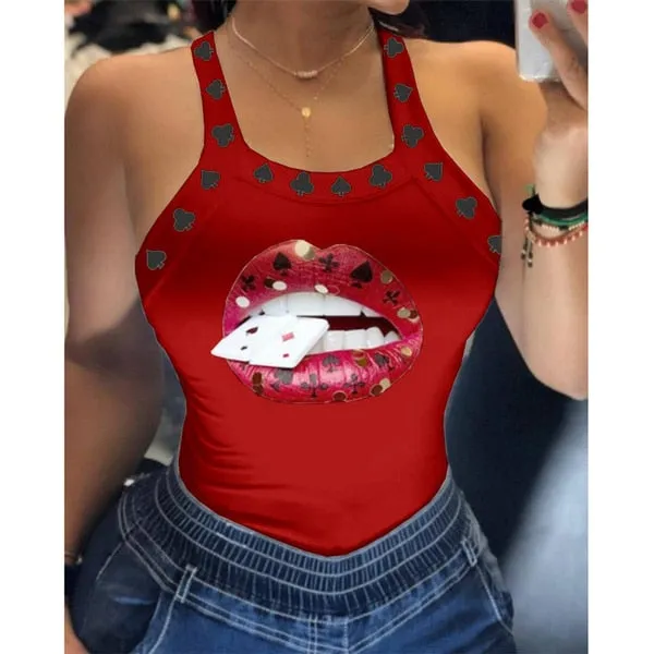 Tank Tops Women U Neck Letter Print Lips Vest Summer Ladies Harajuku Shirts Slim Fit Polyester Sleeveless Top Tshirts
