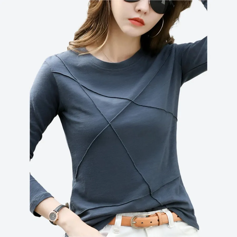 Textured Crewneck Long-Sleeve Casual Tops