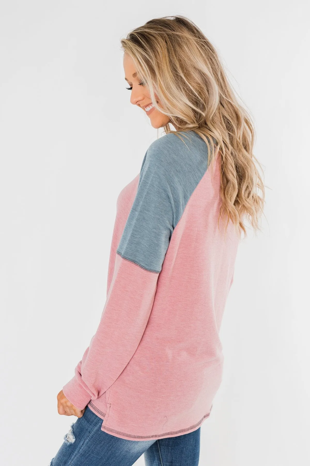 This Beautiful Feeling Raglan Top- Pink & Dusty Blue