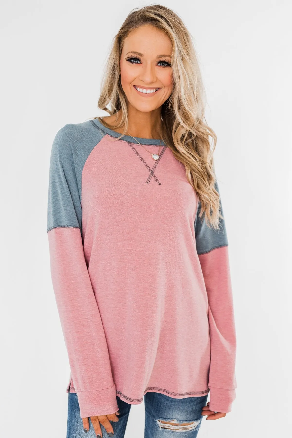This Beautiful Feeling Raglan Top- Pink & Dusty Blue