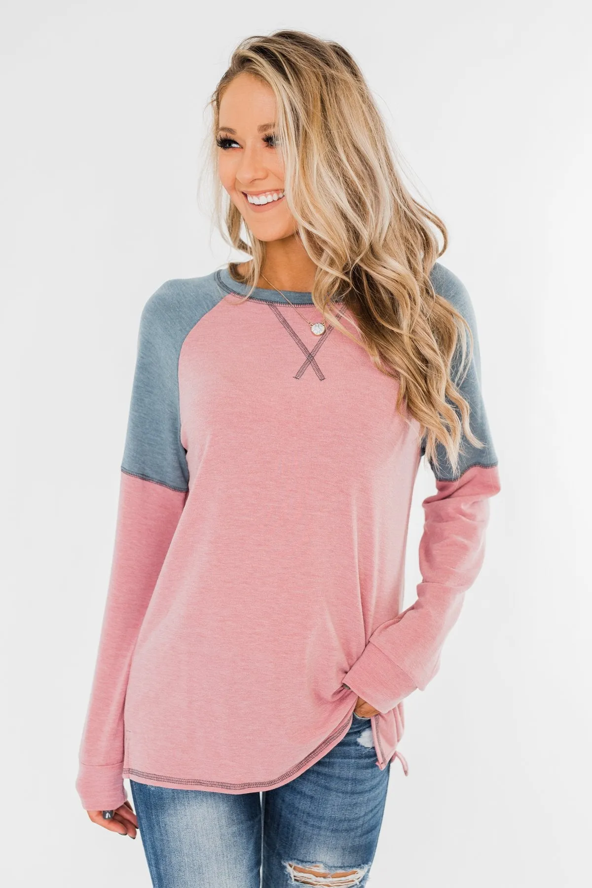 This Beautiful Feeling Raglan Top- Pink & Dusty Blue