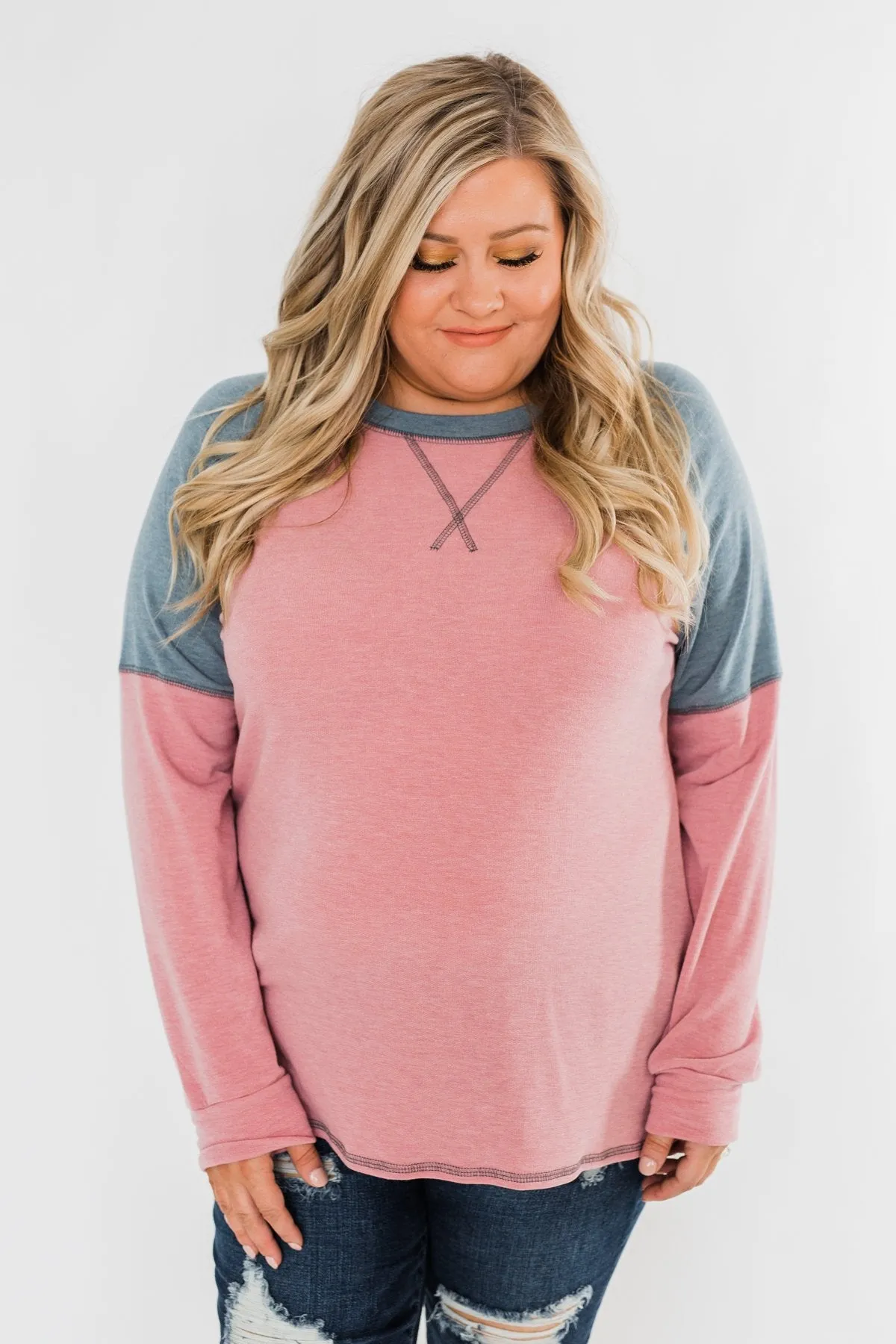 This Beautiful Feeling Raglan Top- Pink & Dusty Blue