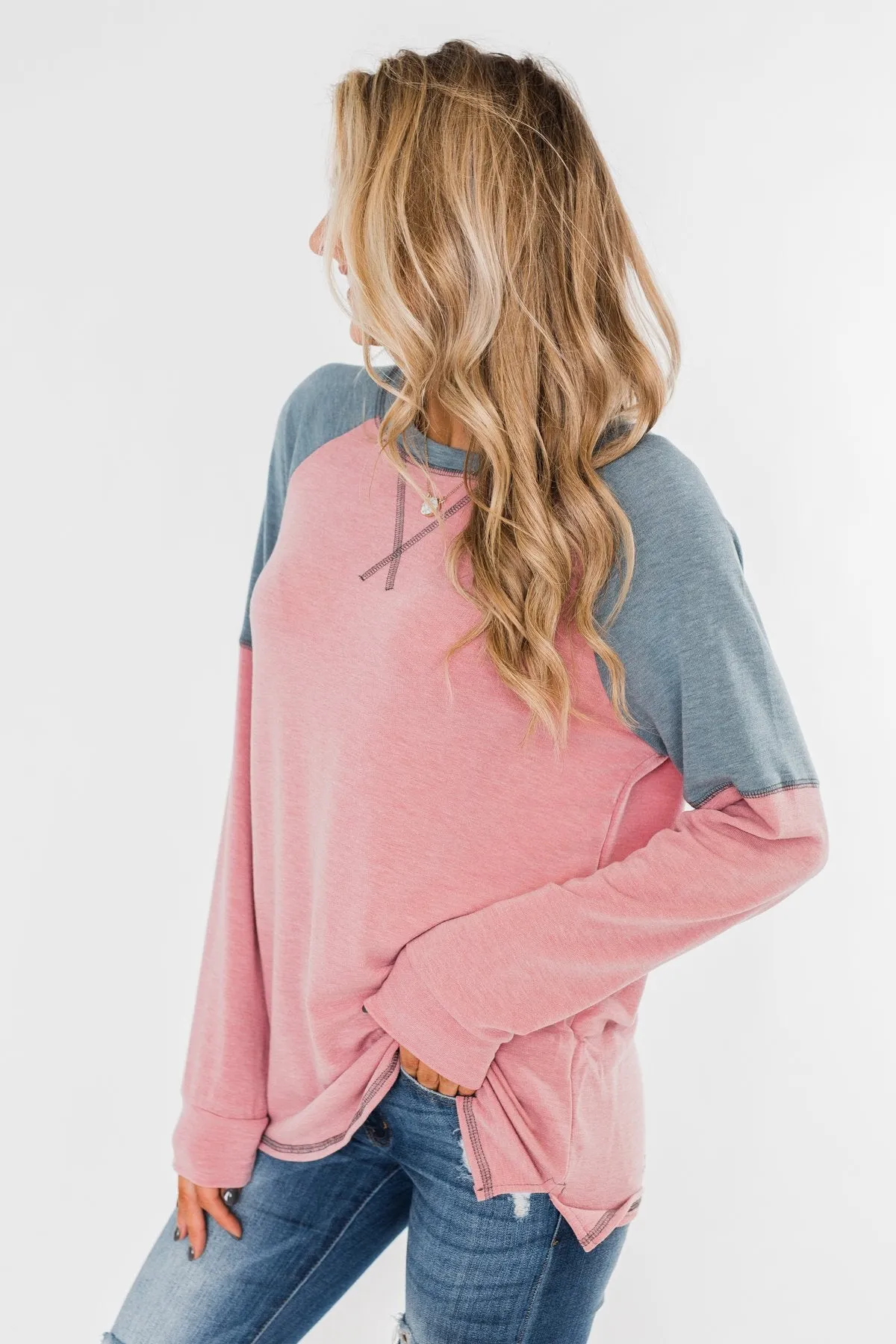 This Beautiful Feeling Raglan Top- Pink & Dusty Blue
