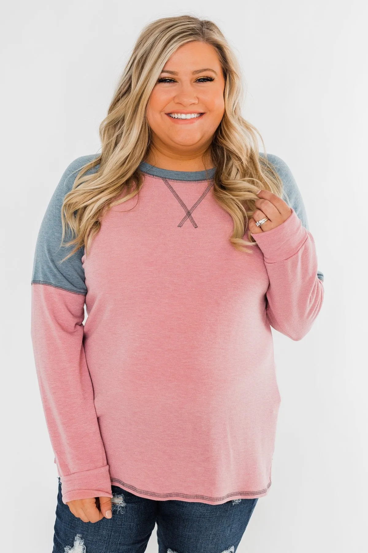 This Beautiful Feeling Raglan Top- Pink & Dusty Blue