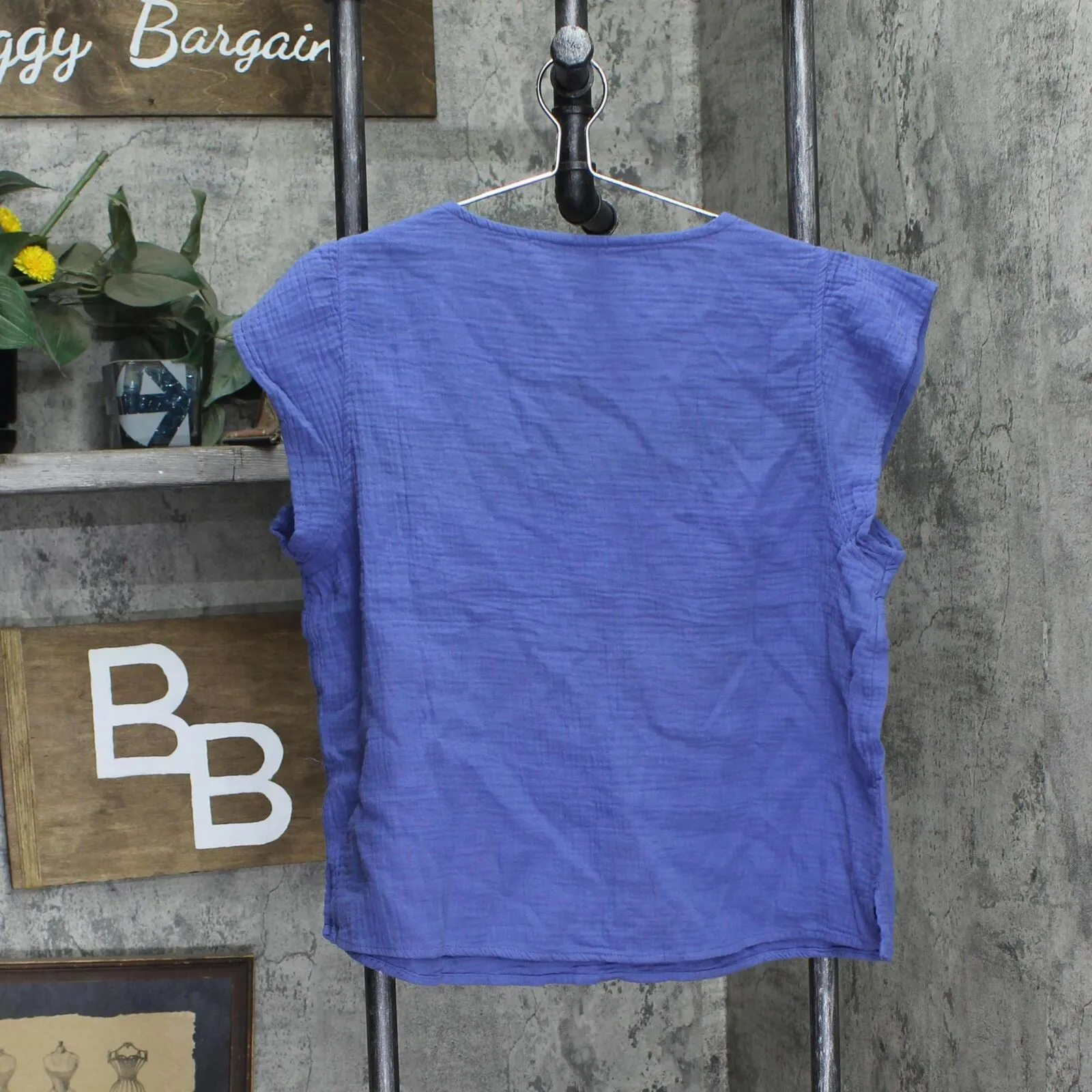 Three Dots Short Sleeve V-Neck Double Layer Cotton Gauze Shirt Periwinkle Blue L