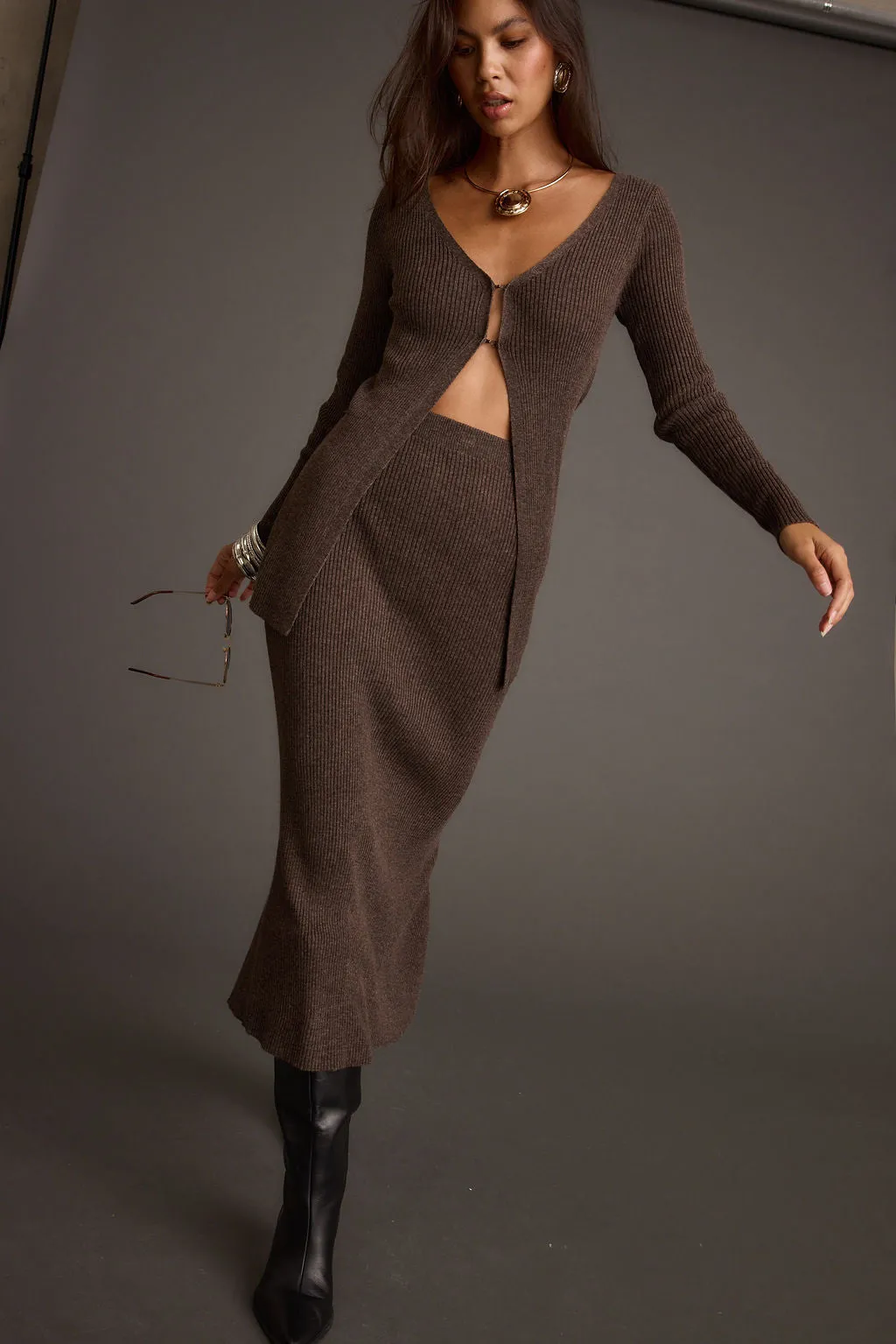 Tusk Mocha Open Front Longline Knit Sweater