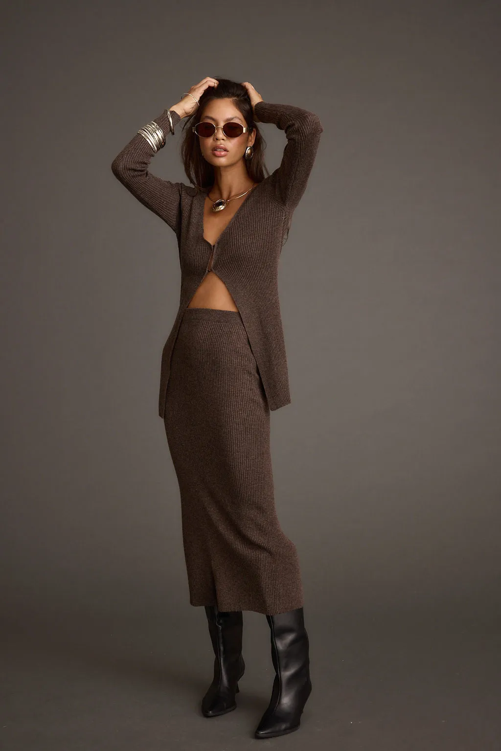 Tusk Mocha Open Front Longline Knit Sweater