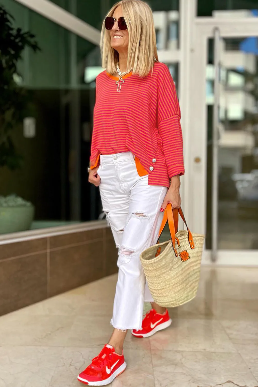 Two Tone Striped Side Buttons Top