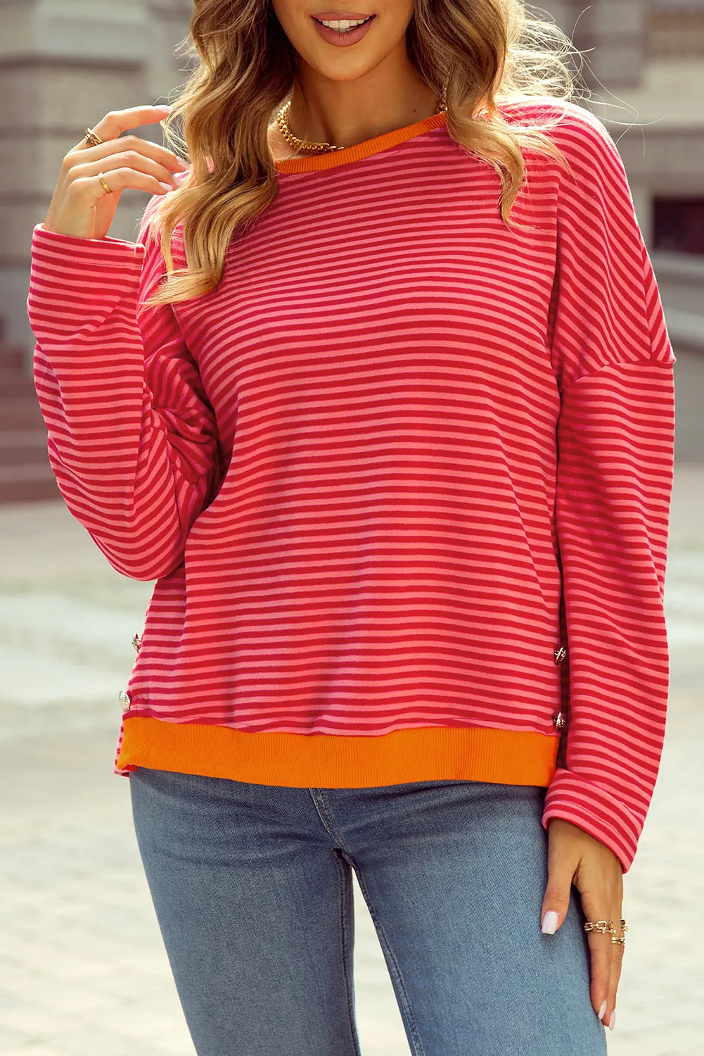Two Tone Striped Side Buttons Top