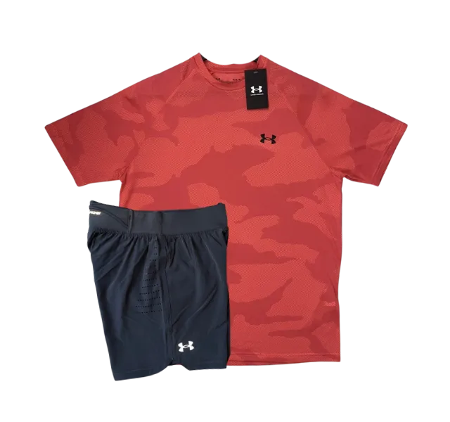 Under Armour Tech Velocity Jacquard Camo T-Shirt and Speedpocket 5 Inch Shorts Set - Beta Red/Grey