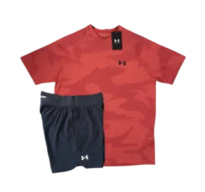 Under Armour Tech Velocity Jacquard Camo T-Shirt and Speedpocket 5 Inch Shorts Set - Beta Red/Grey