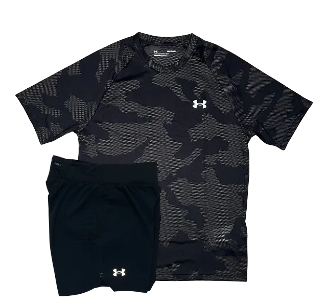 Under Armour Tech Velocity Jacquard Camo T-Shirt and Speedpocket 7 Inch Shorts Set - Black/Black