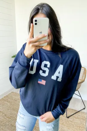 USA Long Sleeve Pullover Top- Navy