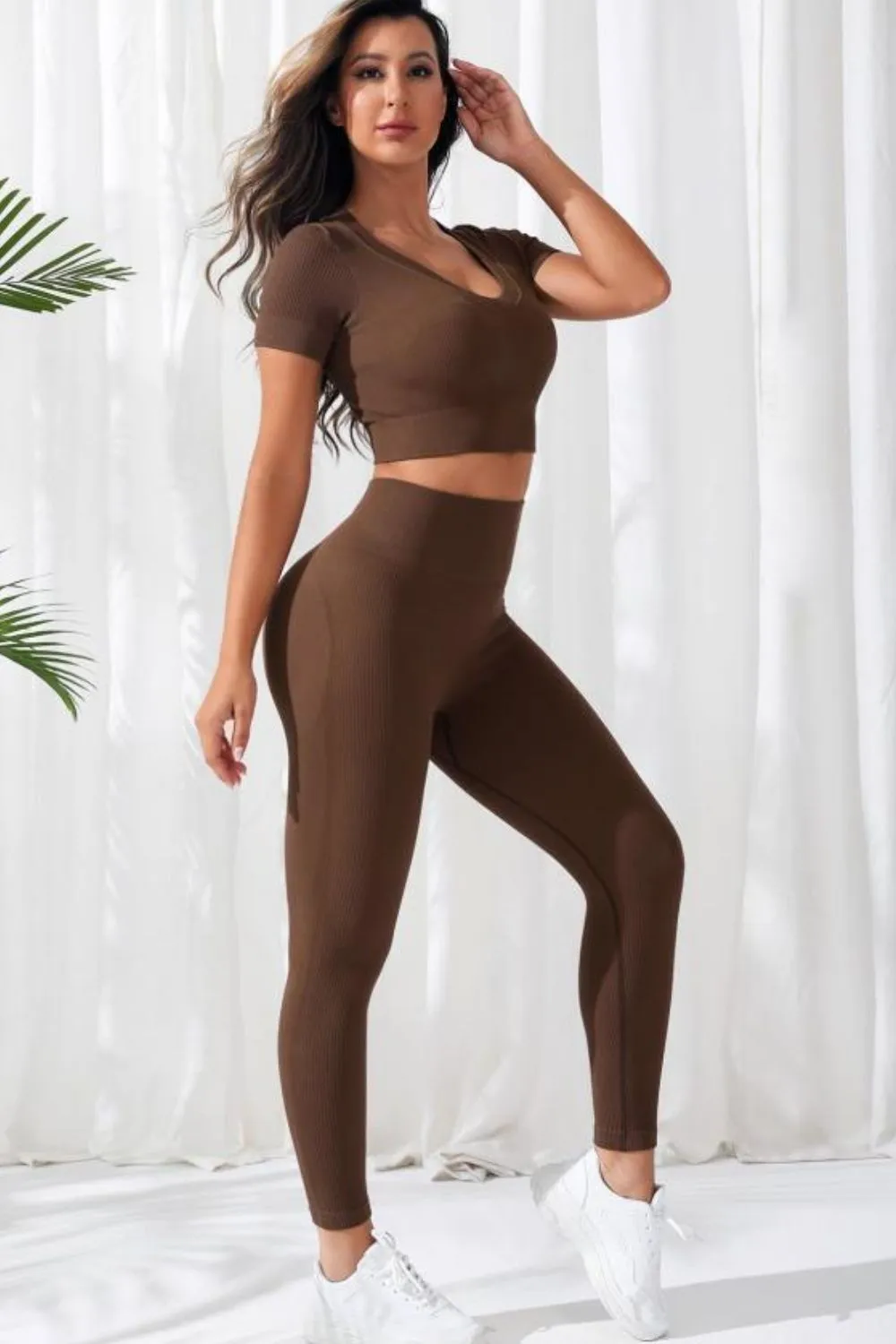 V-Neck Crop Top and High Waistband Active Leggings