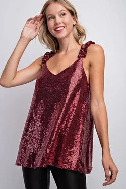 V Neck Ruffle Strap Sequin Holiday Tank