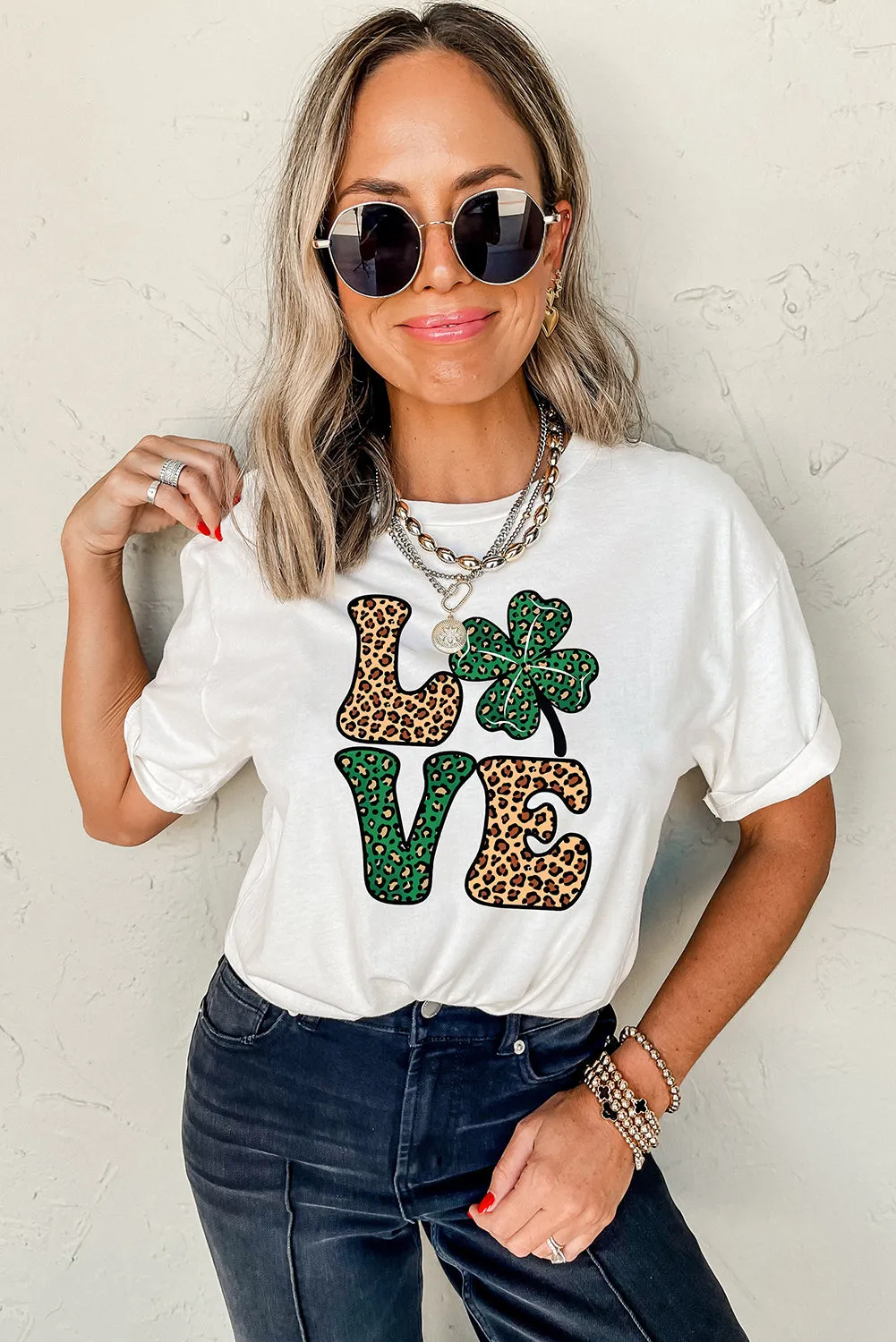 White Cheetah Clover LOVE Graphic St. Patricks Crewneck Tee