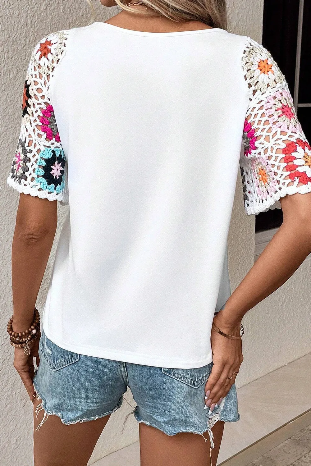 White Floral Crochet Short Sleeve Top