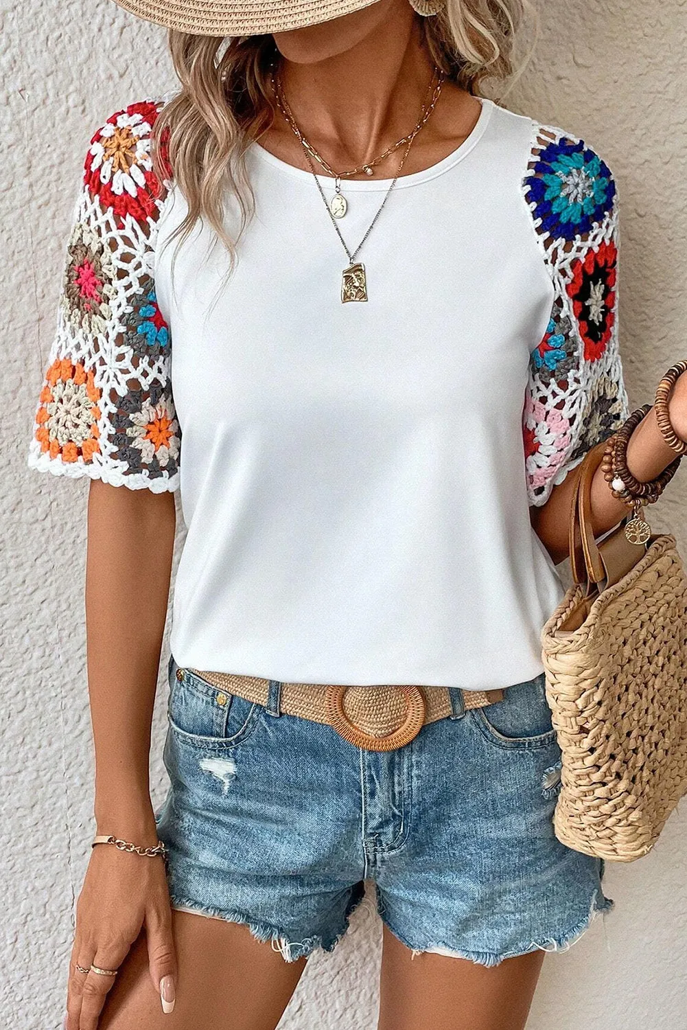 White Floral Crochet Short Sleeve Top