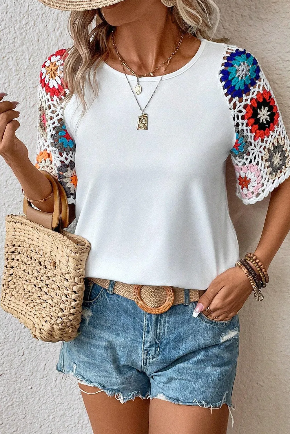 White Floral Crochet Short Sleeve Top