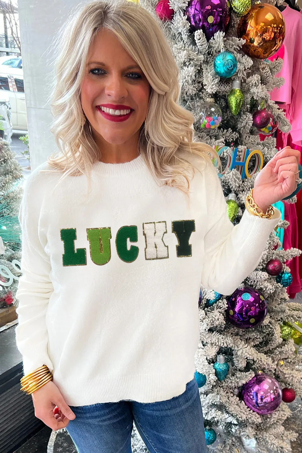 White Holly Jolly Round Neck Casual Sweater