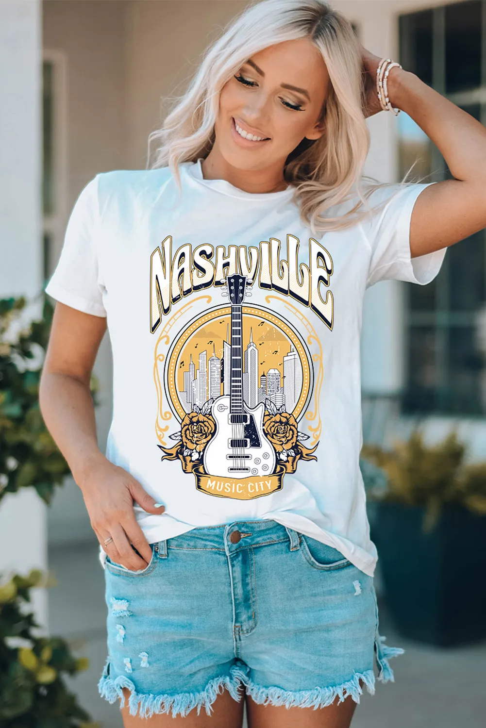 White Music City NASHVILLE Guitar Graphic T Shirt