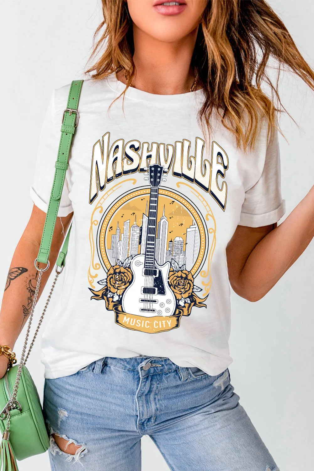 White Music City NASHVILLE Guitar Graphic T Shirt