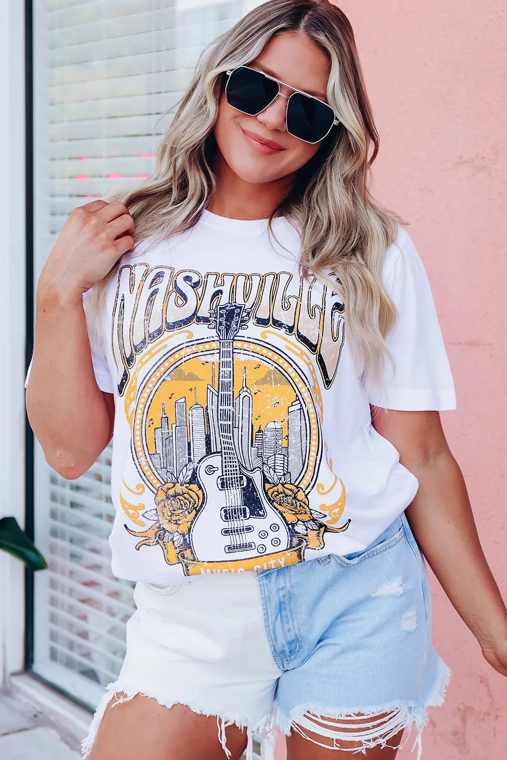 White Music City NASHVILLE Guitar Graphic T Shirt