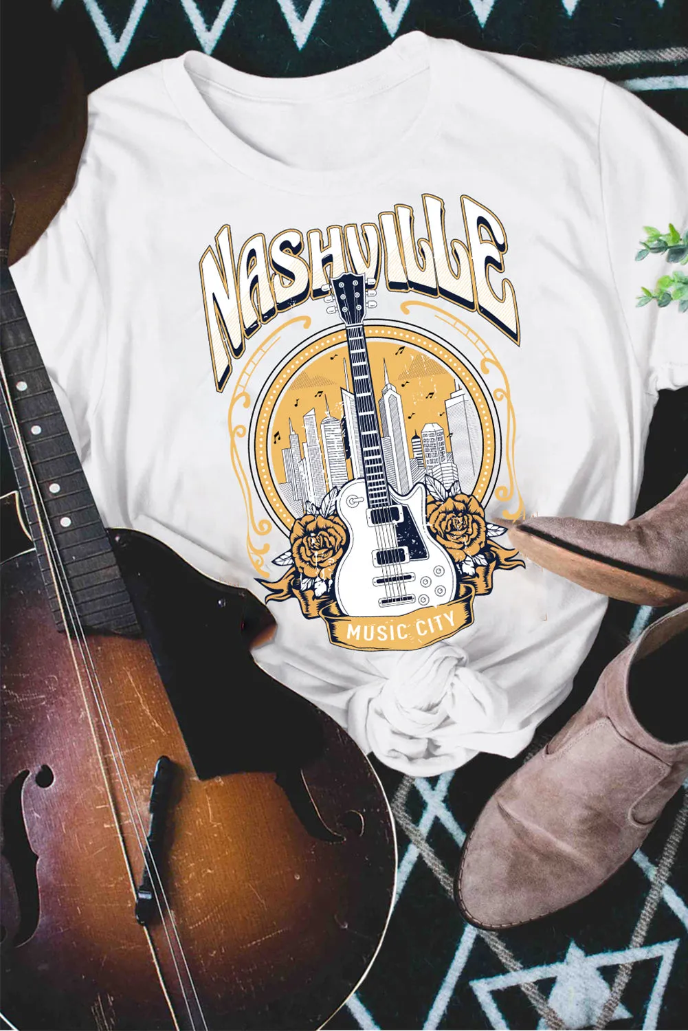 White Music City NASHVILLE Guitar Graphic T Shirt