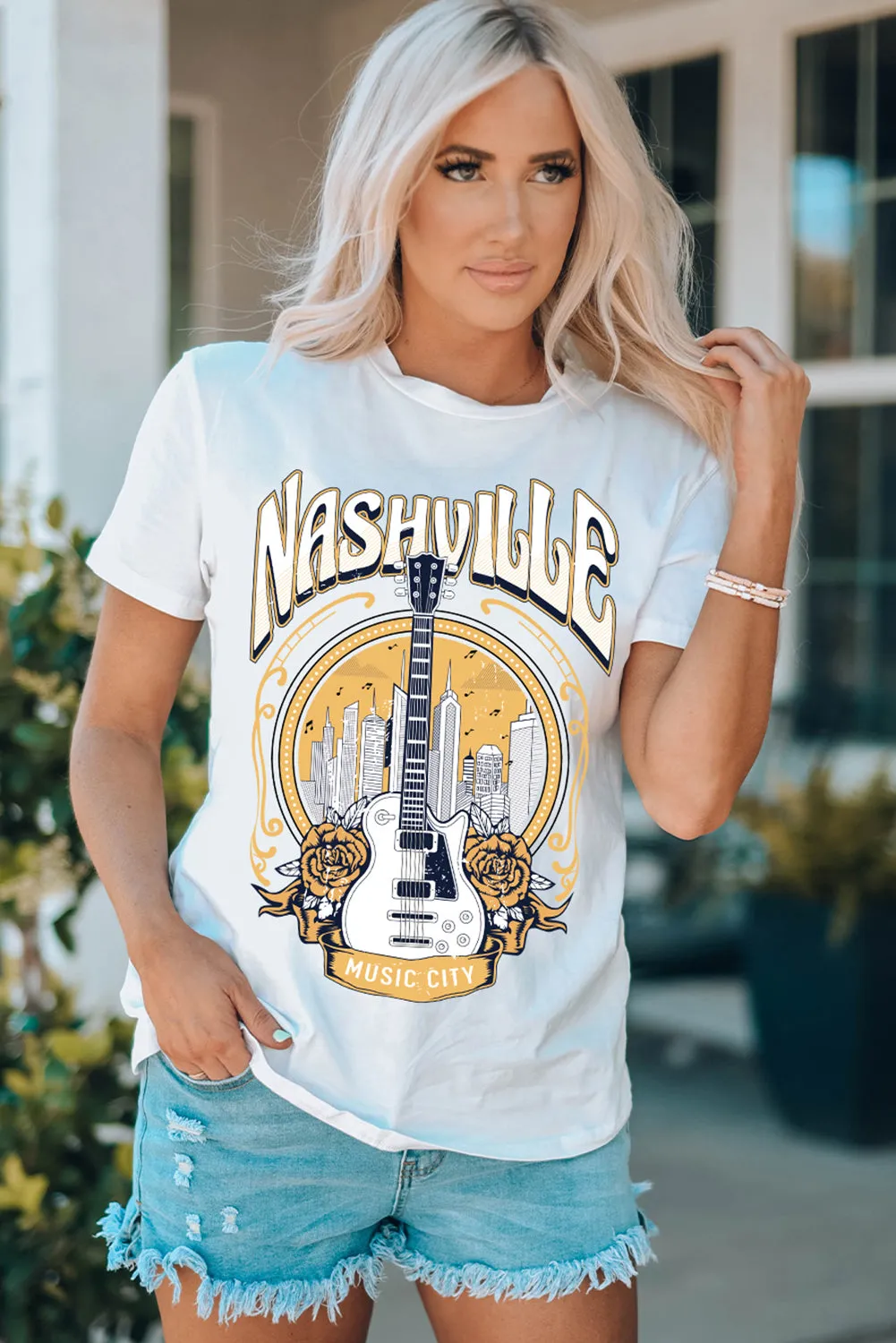 White Music City NASHVILLE Guitar Graphic T Shirt