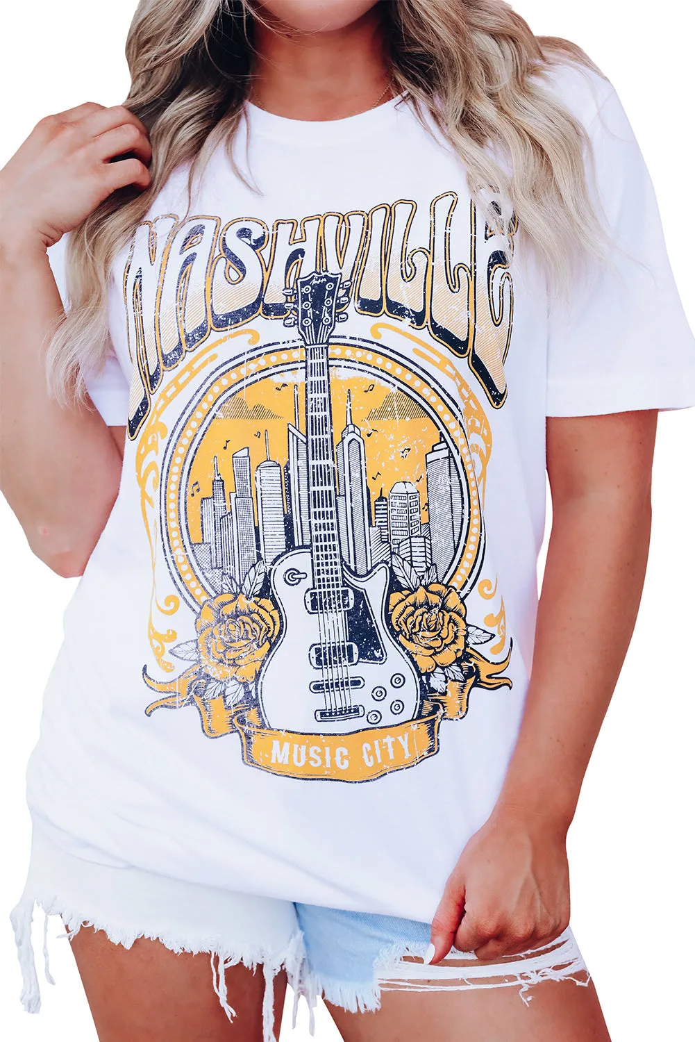 White Music City NASHVILLE Guitar Graphic T Shirt